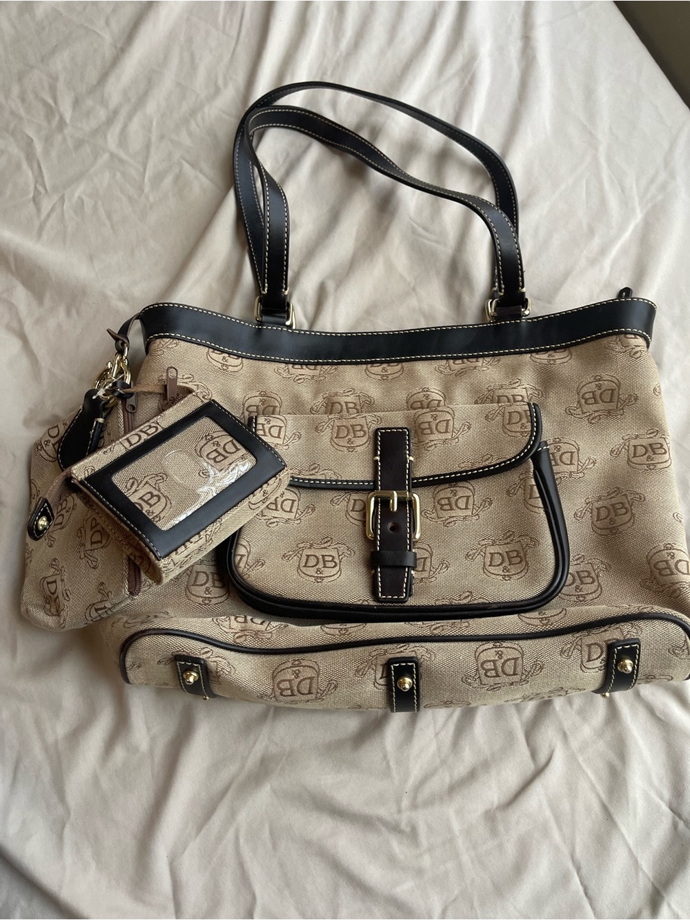 Dooney & Bourke Beige Logo Canvas Tote with Black Trim and Brown Accents